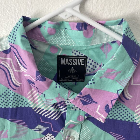 Super Massive Geometric 80s Style Print Button Up Short Sleeve Shirt Men’s XL - Picture 2 of 5